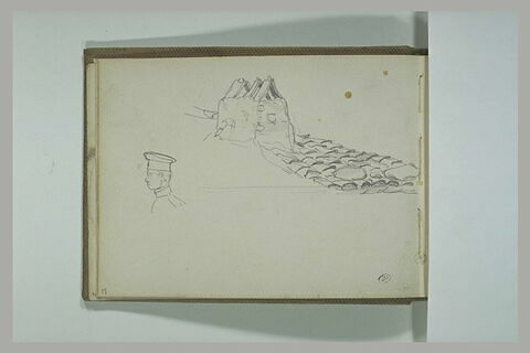 Dessus d'un toit de tuiles et cheminée ; tête de soldat, de profil, image 1/1