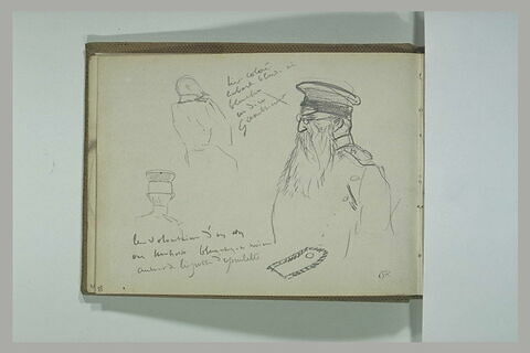 Trois études de têtes de soldat et notes manuscrites, image 1/1