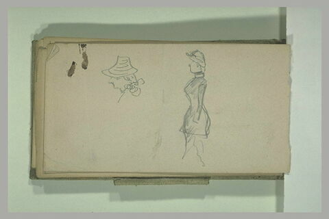 Tête de femme ; femme, coiffée d'un chapeau, en robe, image 1/1