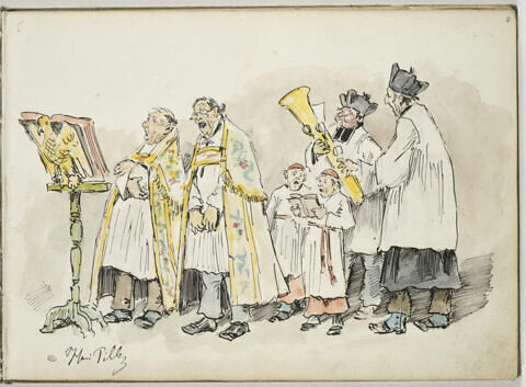 Choeur de six personnages en costume ecclésiastique devant un lutrin