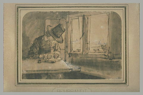Jeune homme écrivant ou dessinant près d'une fenêtre donnant sur l'IJ, image 2/2