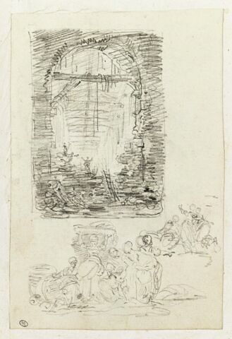 Hommes explorant une galerie dans un édifice en ruines ; figures, image 1/2