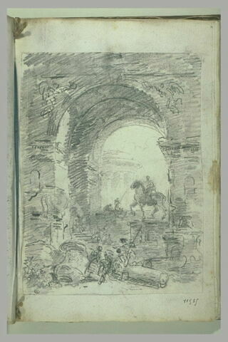 Statue équestre sous un arc, au milieu de ruines avec des personnages, image 1/1
