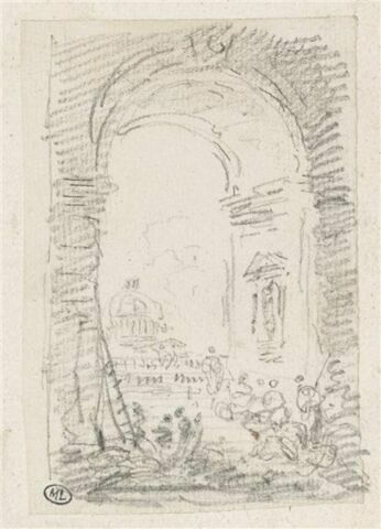 Figures sous un portique, et au loin un monument à coupole, image 1/2
