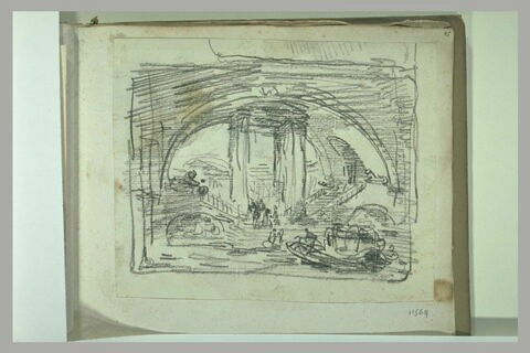 Canal sous l'arche d'un pont et animé par une gondole, image 1/1