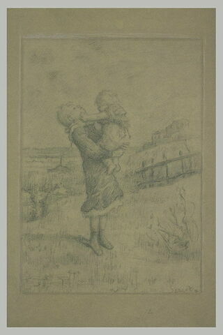 Petite fille dans un champ portant un petit enfant
