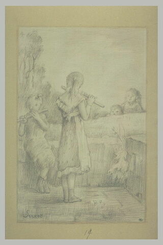 Deux petites filles jouant de la flûte et deux enfant les écoutant