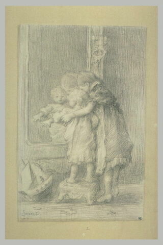 Petite fille et jeune enfant sur un tabouret, image 1/1