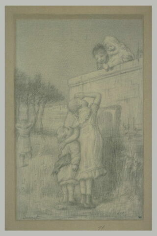 Petites filles regardant deux enfants apparaissant au sommet d'un mur, image 1/1