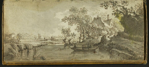 Paysage avec, au premier plan, un bac passant la rivière, image 1/1