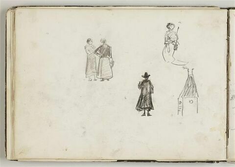 Deux femmes conversant ; figure ; homme, vu de dos ; clocher, image 1/2