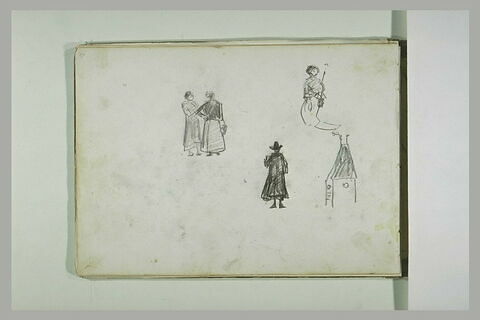 Deux femmes conversant ; figure ; homme, vu de dos ; clocher, image 2/2