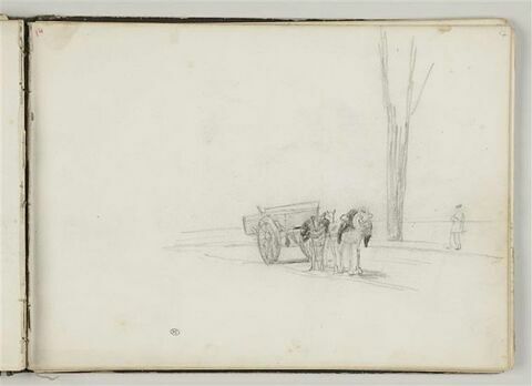 Deux chevaux attelés à un tombereau et une figure sur le bord d'un route, image 1/2