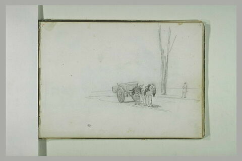Deux chevaux attelés à un tombereau et une figure sur le bord d'un route, image 2/2