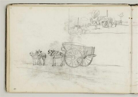 Deux chevaux et un cheval attelé à un tombereau ; paysage, image 1/2