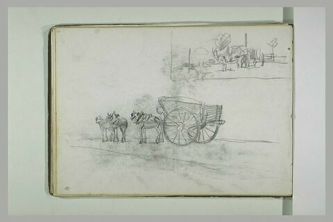 Deux chevaux et un cheval attelé à un tombereau ; paysage, image 2/2
