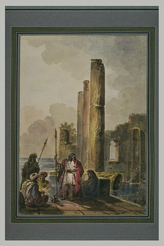 Cinq arabes, parmi les ruines d'un temple antique envahi par la mer