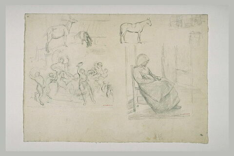 Feuille d'études : deux ânes ; cheval ; bacchanale ; femme assise, image 1/1
