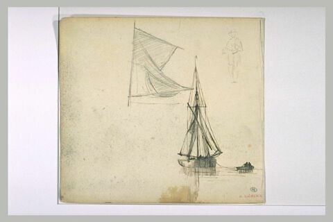Voiles ; homme debout ; cannot remorquant un bateau à voiles, image 1/1