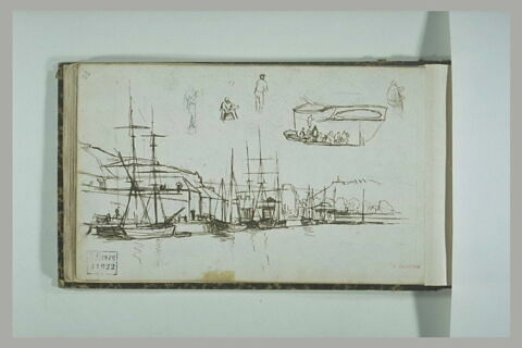 Navires à quai dans un port ; figures