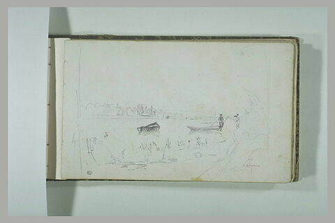 Paysage de rivière avec deux canots sur l'eau, image 1/1