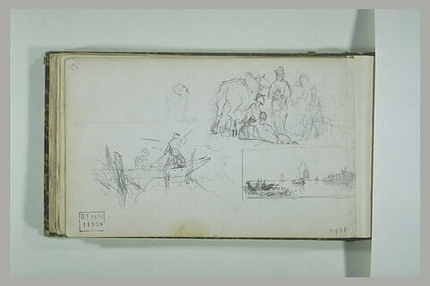 Deux figures dans une barque ; tête ; groupe d'hommes ; paysage, image 1/1