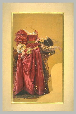 Figure de femme, sans tête, vêtue d'une robe rouge