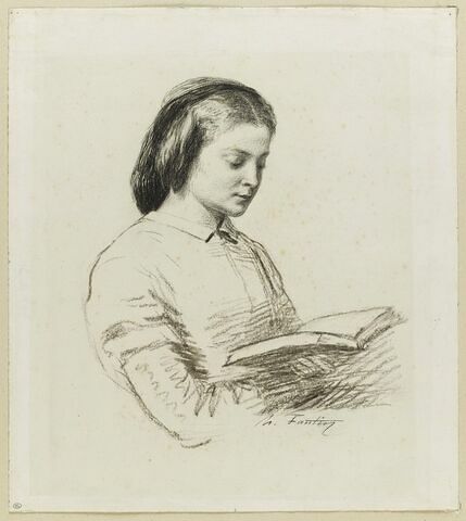 Femme, en buste, de trois quarts à droite, lisant