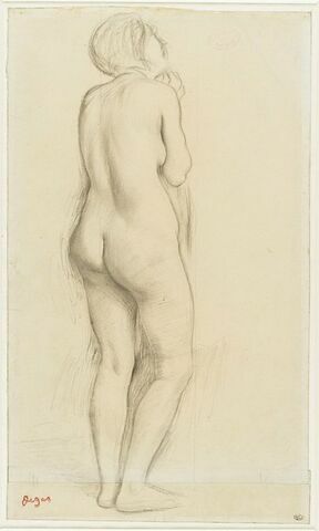 Femme nue, debout, de dos, tournée vers la droite
