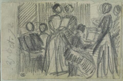 Chanteuses et figures près d'une femme jouant du piano