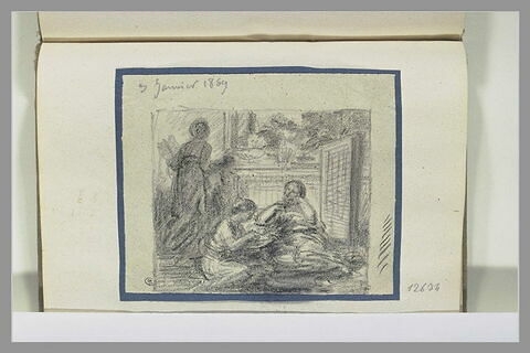 Deux femmes assises devant un palais, une troisième s'éloigne, image 1/1