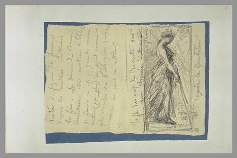 Une fée, debout, tenant une baguette ; notes manuscrites