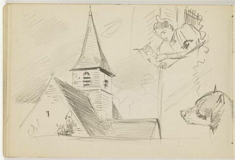 Toit et clocher d'une église et étude d'une tête de chien et de femme lisant, image 1/4