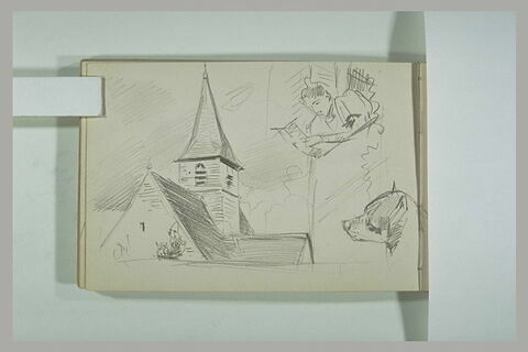 Toit et clocher d'une église et étude d'une tête de chien et de femme lisant, image 3/4