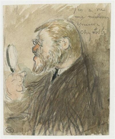 Personnage caricaturé, vu de profil, tenant une loupe