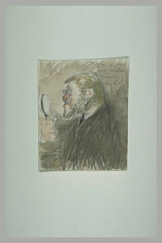 Personnage caricaturé, vu de profil, tenant une loupe, image 2/2