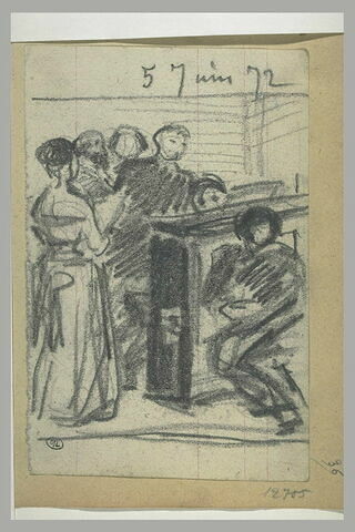 Pianiste entouré de diverses figures, dont une tient une partition, image 1/1