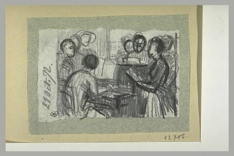 Pianiste entouré de diverses figures, dont une tient une partition, image 1/1