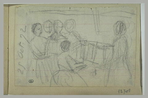 Pianiste entourée de diverses figures, dont une tient une partition, image 1/1