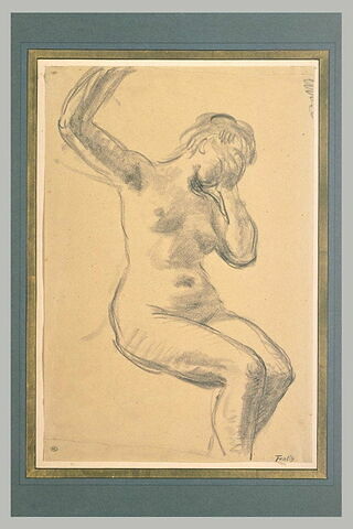 Femme nue, assise, se cachant le visage de la main gauche, image 1/1