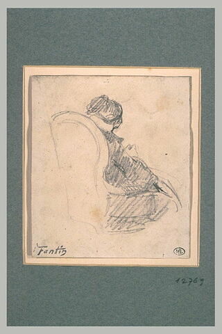 Femme assise dans un fauteuil, tournée vers la droite, de dos, image 1/1