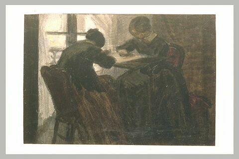 Deux femmes assises de chaque côté d'un métier à broder, image 2/2