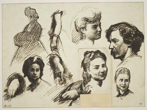 Feuille d'études de têtes de femmes, avec le profil de Whistler, image 1/2