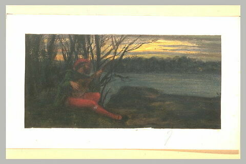Homme assis, jouant du luth, dans un paysage au soleil couchant