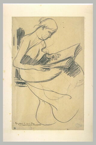Femme assise, de profil à droite, lisant, image 1/1
