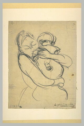 Femme, vue à mi-corps, de profil à droite, tenant dans ses bras un enfant, image 1/1