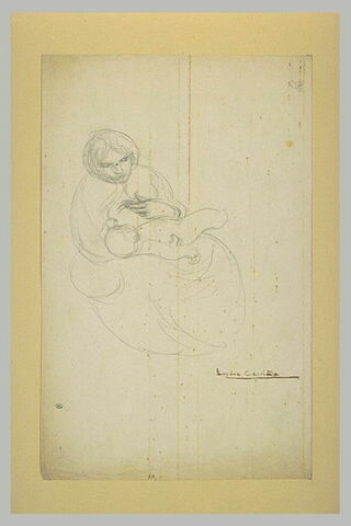 Femme assise, de trois quarts à droite, allaitant un enfant