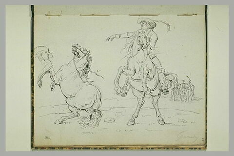 Scène militaire avec des cavaliers et un cheval non sellé