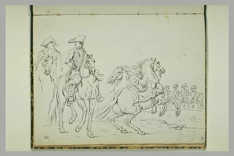 Scène militaire avec des cavaliers et deux chevaux non sellés