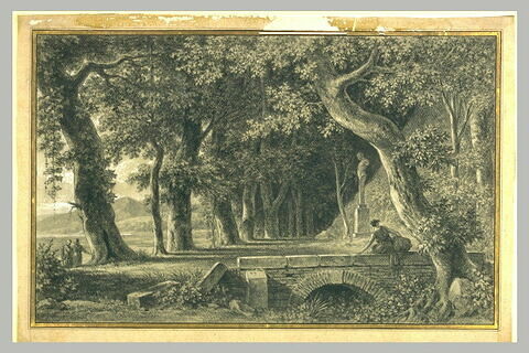 Paysage avec de grands arbres et une figure assise sur un pont, image 1/1